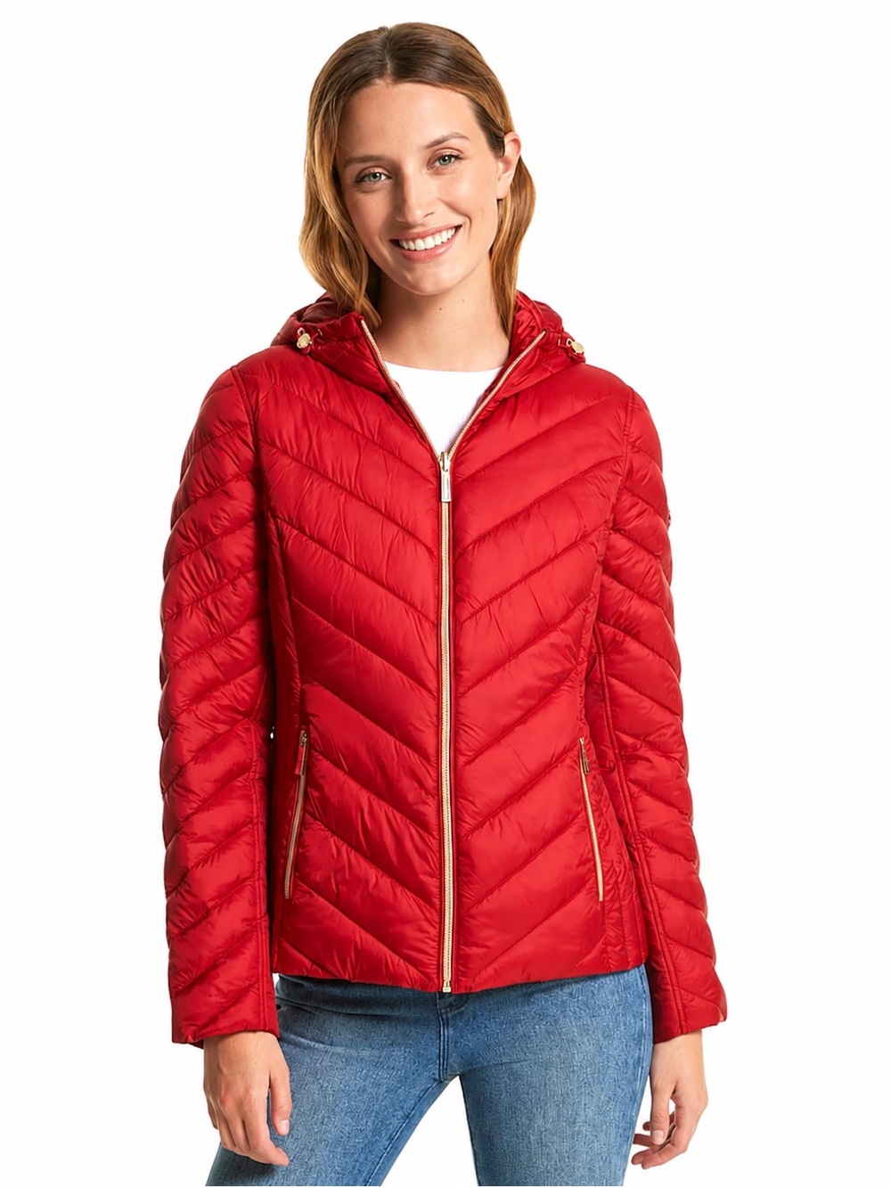 Michael Kors Red Packable Down Puffer Jacket XS Chevron Removable Hood Gold Zip